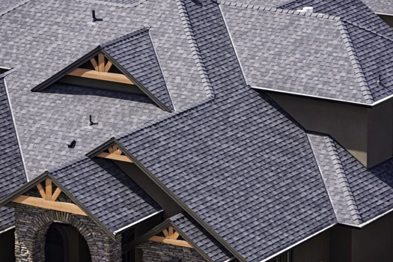 Residential roof with asphalt shingles.